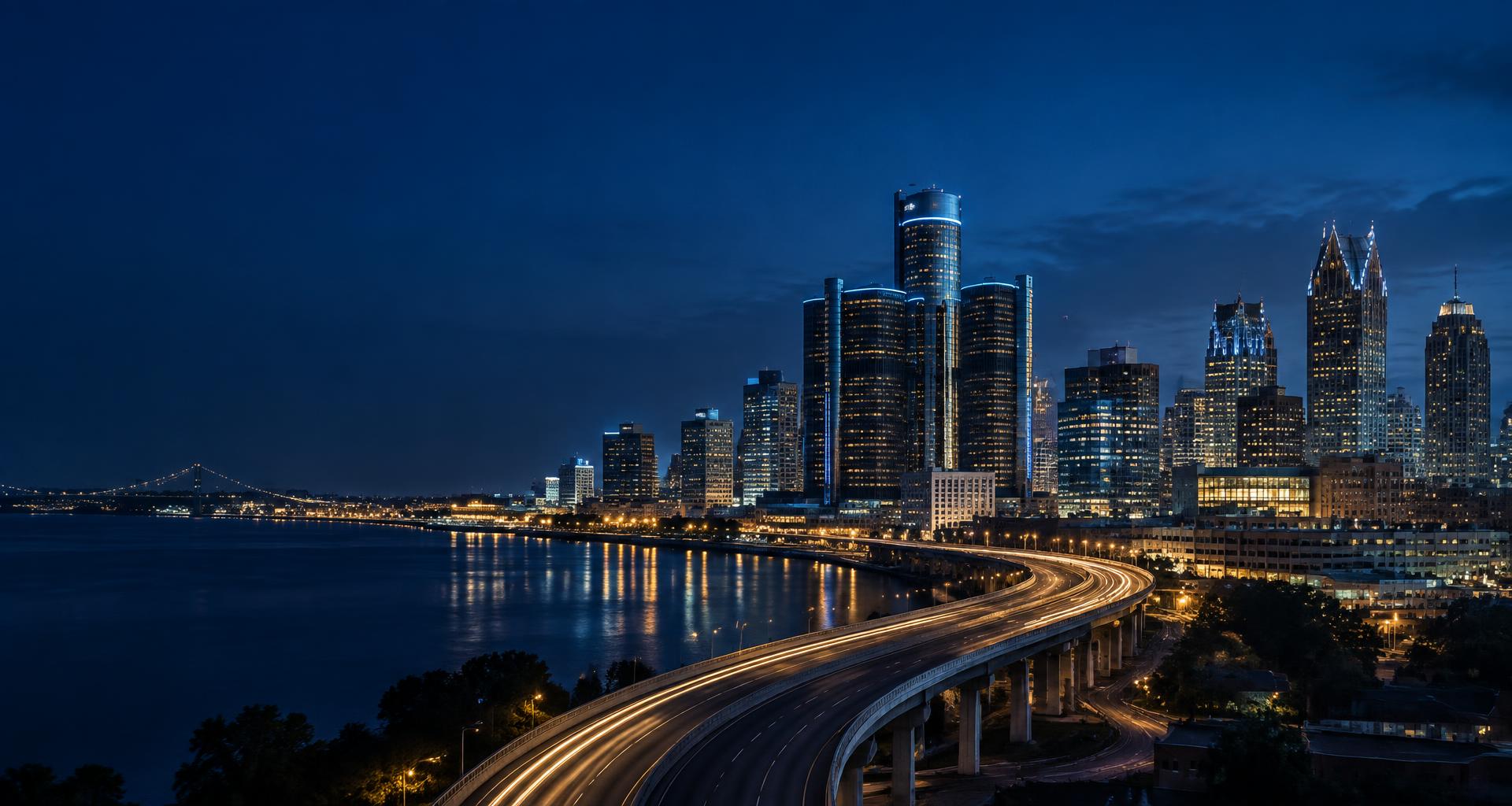 Connected city skyline with a sweeping pathway toward growth
